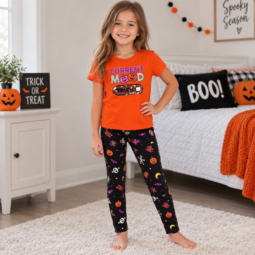Way to Celebrate Girls Halloween Pajama Set Current Mood Sequin 6-6X